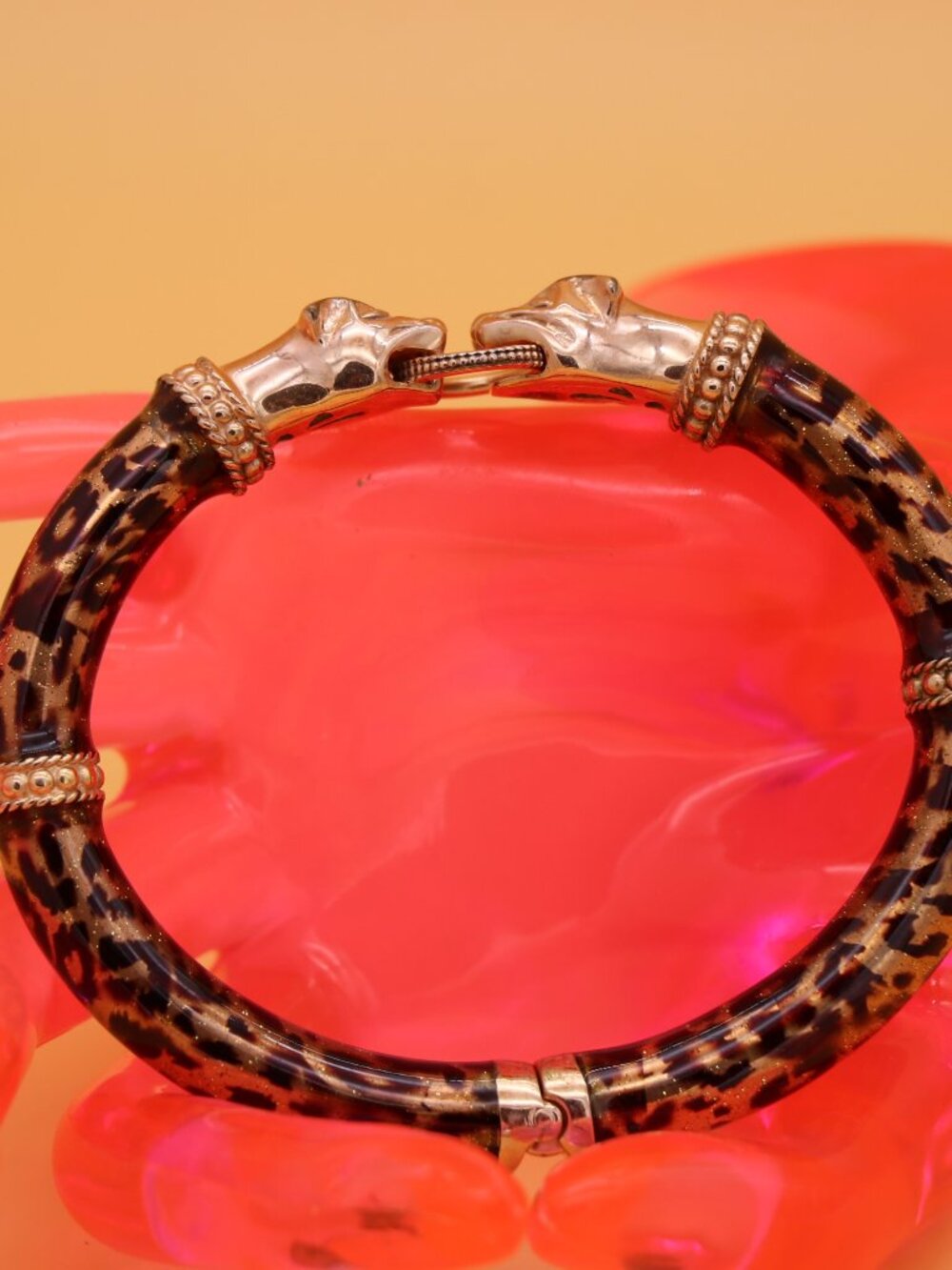 Vintage Milor Italy Bronze Double Panther Head HInged Bangle Bracelet